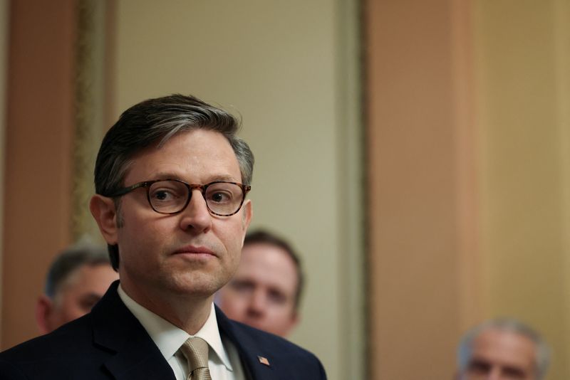 &copy; Reuters. FILE PHOTO: U.S. Speaker of the House Mike Johnson looks on during the signing of the Laken Riley Act, alongside members of the Georgia delegation, in the Speaker’s ceremonial office on Capitol Hill in Washington, U.S., January 23, 2025. REUTERS/Kaylee 