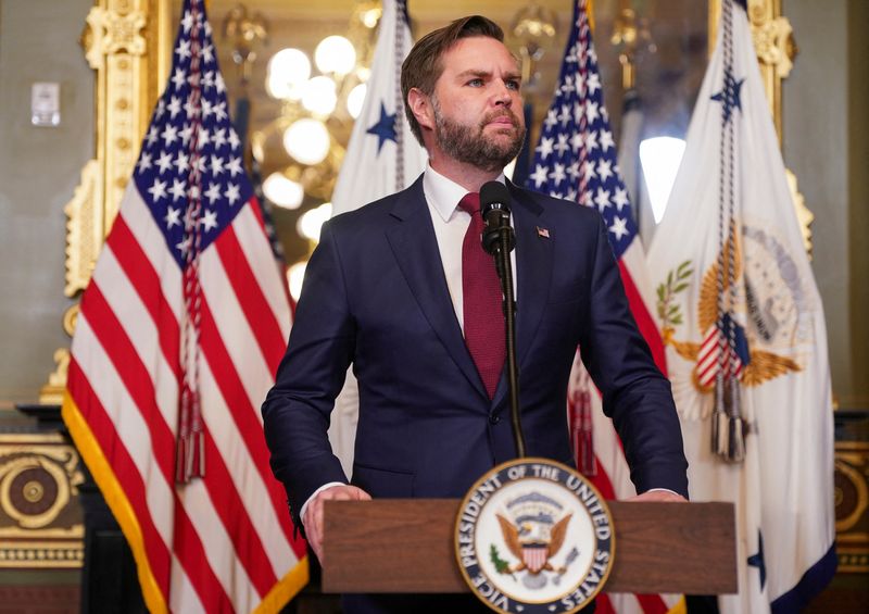 &copy; Reuters. FILE PHOTO: U.S. Vice President JD Vance speaks during the swearing in ceremony of CIA Director John Ratcliffe, in the Vice President’s Ceremonial Office in the Eisenhower Executive Office Building on the White House campus in Washington, U.S., January 