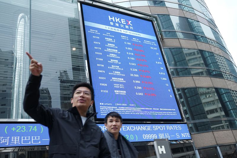 &copy; Reuters. Telão com cotações acionárias em Hong Kongn29/01/2024. REUTERS/Lam Yik