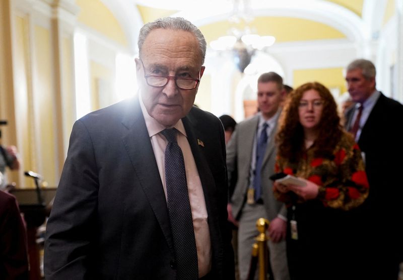 &copy; Reuters. FILE PHOTO: Senate Minority Leader Chuck Schumer (D-NY) walks on the day of the Senate Democrats' weekly policy lunch on Capitol Hill in Washington, D.C., U.S., February 25, 2025. REUTERS/Nathan Howard/File Photo