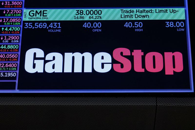 &copy; Reuters. FILE PHOTO: A screen displays GameStop stock trading information on the floor at the New York Stock Exchange (NYSE) in New York City, U.S., June 3, 2024.  REUTERS/Brendan McDermid/File Photo