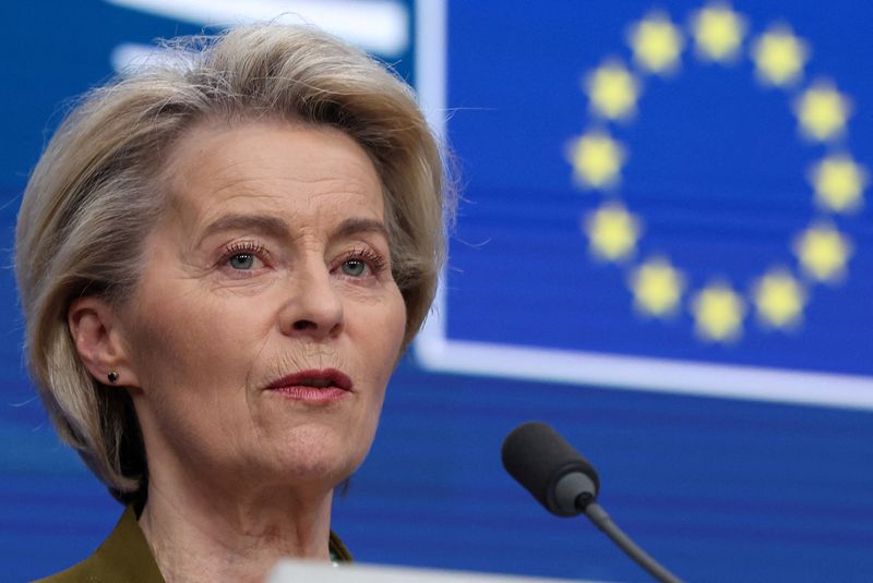 &copy; Reuters. Presidente da Comissão Europeia, Ursula von der Leyen, em Bruxelasn20/03/2025 REUTERS/Yves Herman