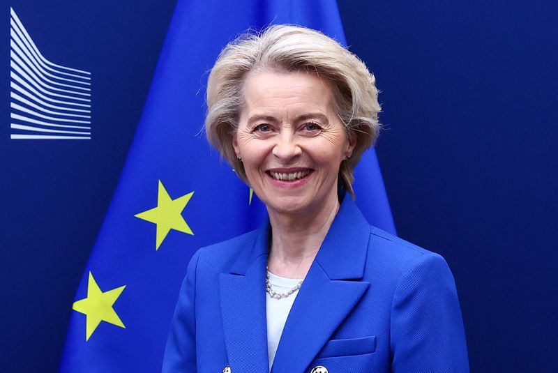 © Reuters. European Commission President Ursula von der Leyen reacts as she meets with Iceland’s Prime Minister Kristrun Frostadottir (not pictured), in Brussels, Belgium April 9, 2025. REUTERS/Yves Herman