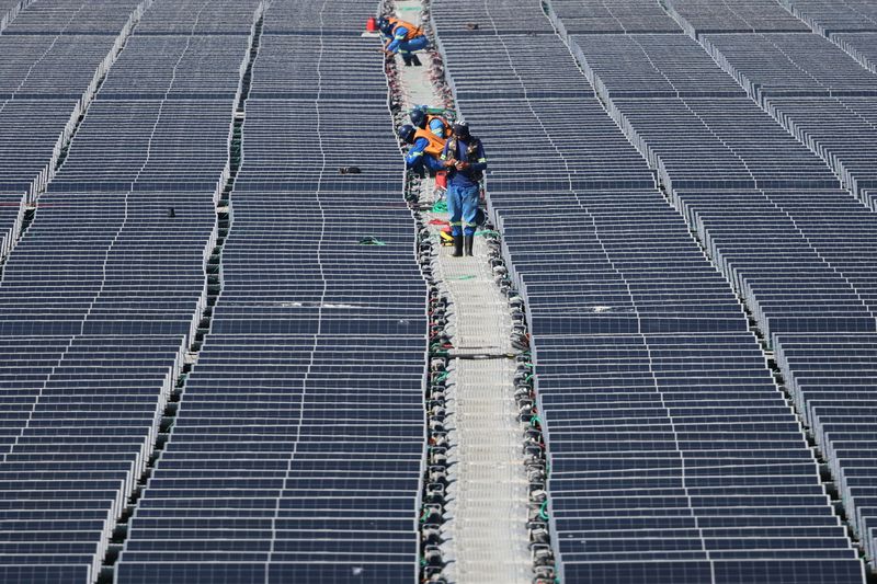 &copy; Reuters. Trabalhadores em usina de energia solar flutuante na represa Billingsn5/04/2024nREUTERS/Jorge Silva