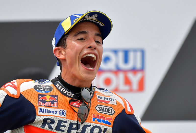 &copy; Reuters. La joie de Marc Marquez sur le podium du Grand Prix d'Allemagne./Photo prise le 20 juin 2021/REUTERS/Matthias Rietschel