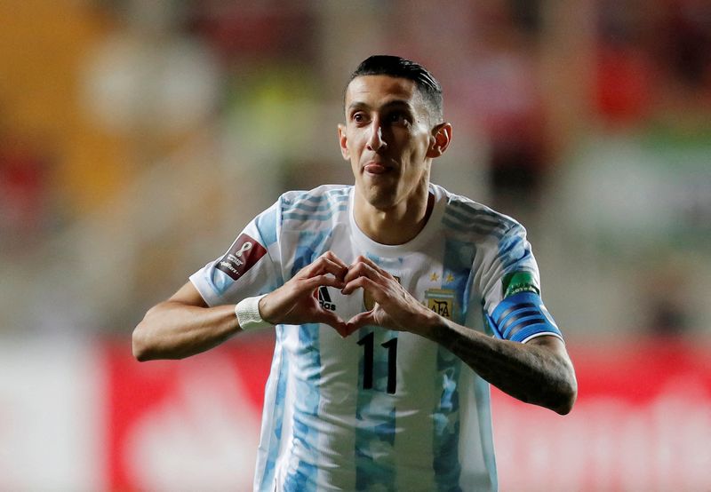 &copy; Reuters. Angel Di Maria a ouvert le score pour l'Argentine face au Chili./Photo prise le 27 janvier 2022/REUTERS/JAVIER TORRES