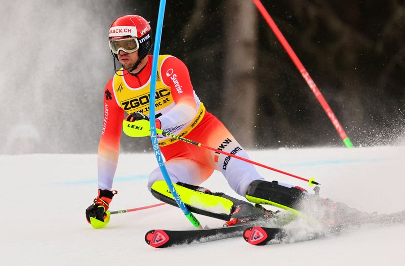 © Reuters. Ramon Zenhaeusern a été le plus rapide sur le slalom des finales. /Photo prise le 19 février 2023/REUTERS/Denis Balibouse