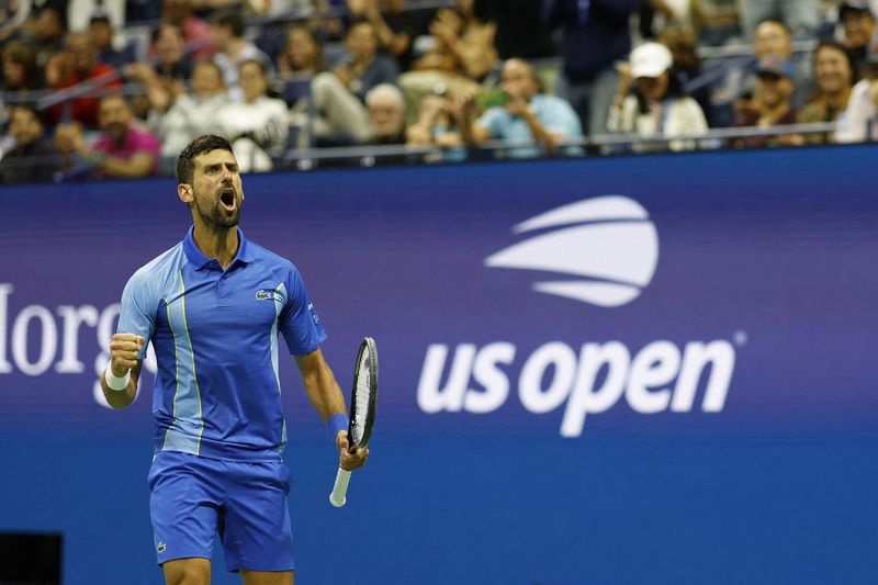 &copy; Reuters. C'est la 8e fois que Djokovic s'impose après avoir été mené de 2 sets.  /Photo prise le 2 septembre 2023/REUTERS/Geoff Burke